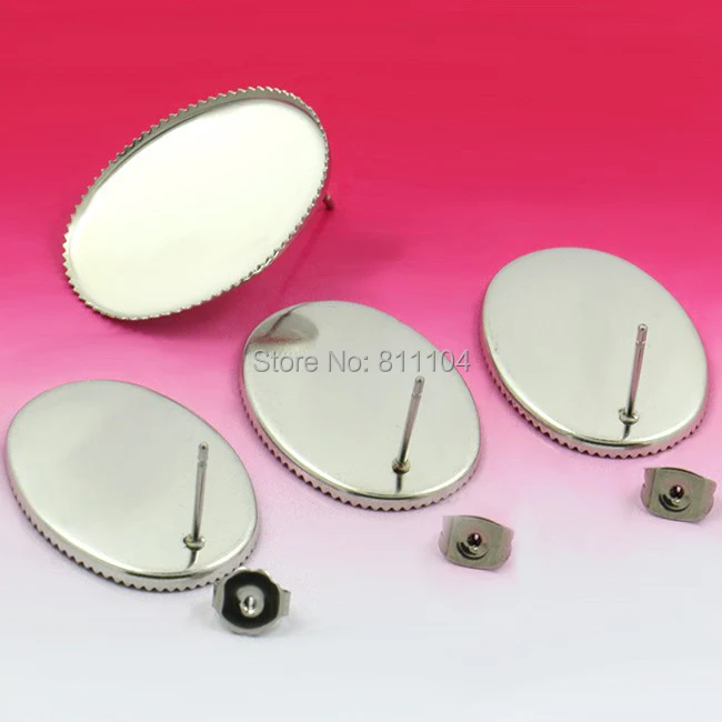 

Blank Stainless Steel stud Earrings Bases with 18x25mm Oval Bezel tray Cabochons Settings Earrings post with Stoppers Findings