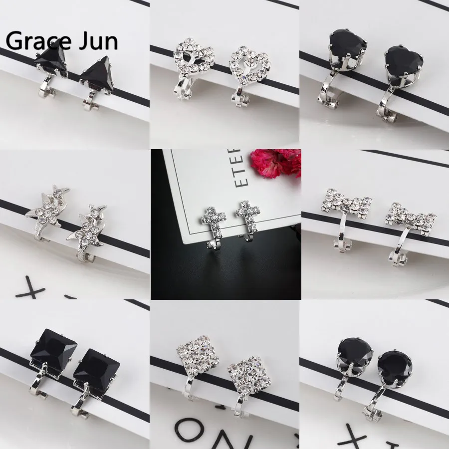 Grace Jun  New  Clip on Earrings No Pierced for Girl Party Charm Fashion Rhienstone Heart Square Geometric Cuff Earrings