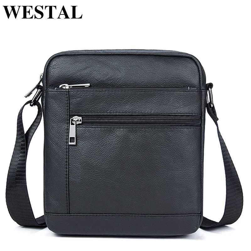 Westal bolsas de ombro masculino pequeno saco de couro genuíno preto crossbody sacos para homens aleta homem mensageiro bolsa de couro masculino 7604