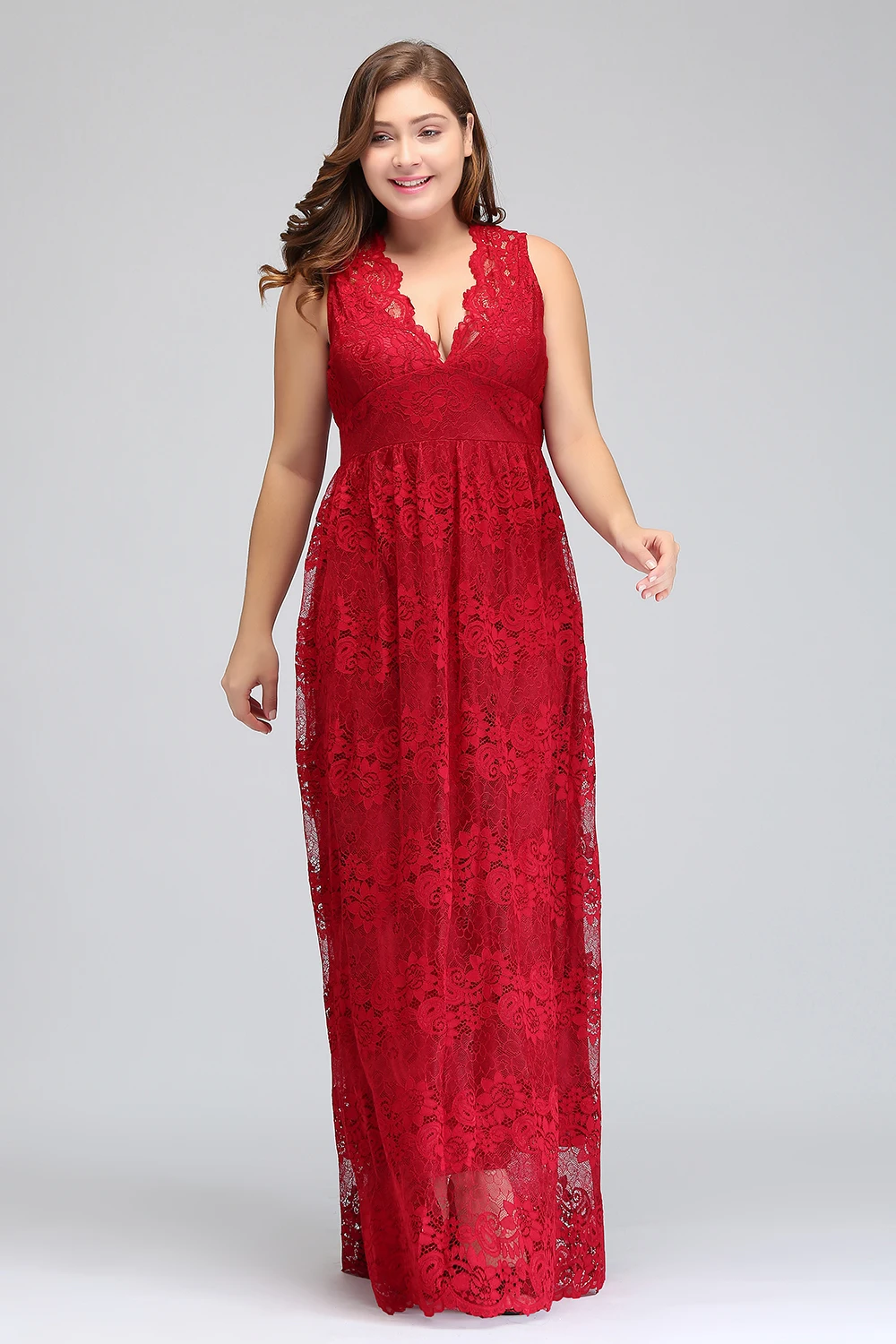 Red Lace plus size evening dresses Deep V Neck Long Prom Evening Party Dress Elegant vestidos de noche largo Formal Gown