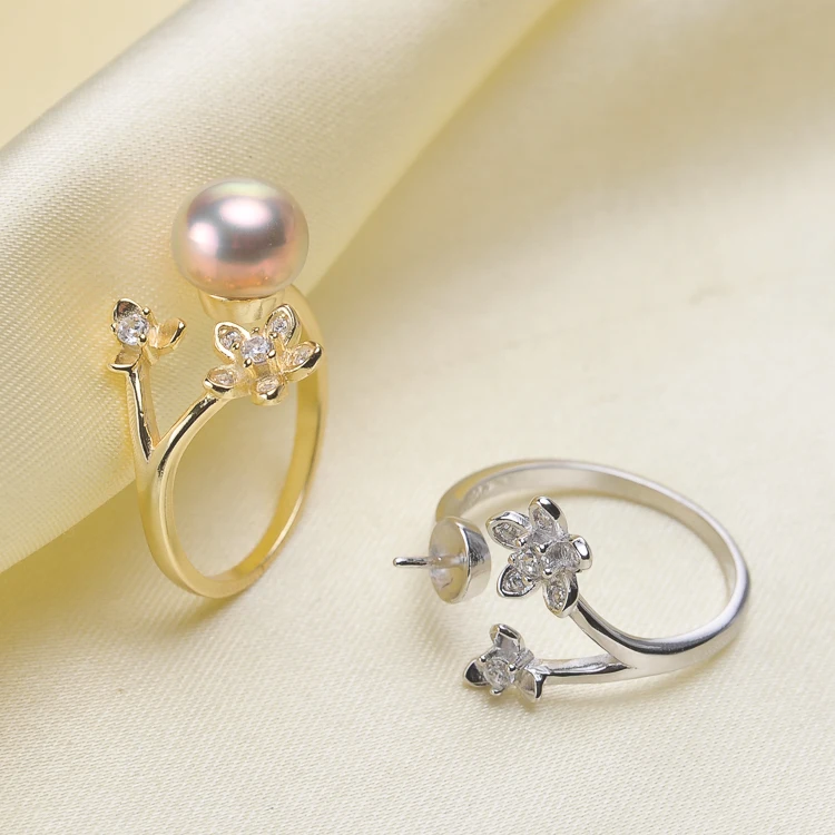 

Elegant Double Flowers Pearl Rings Settings S925 Solid Pure Rings Components Silver&Gold Color 3Pcs/Lot