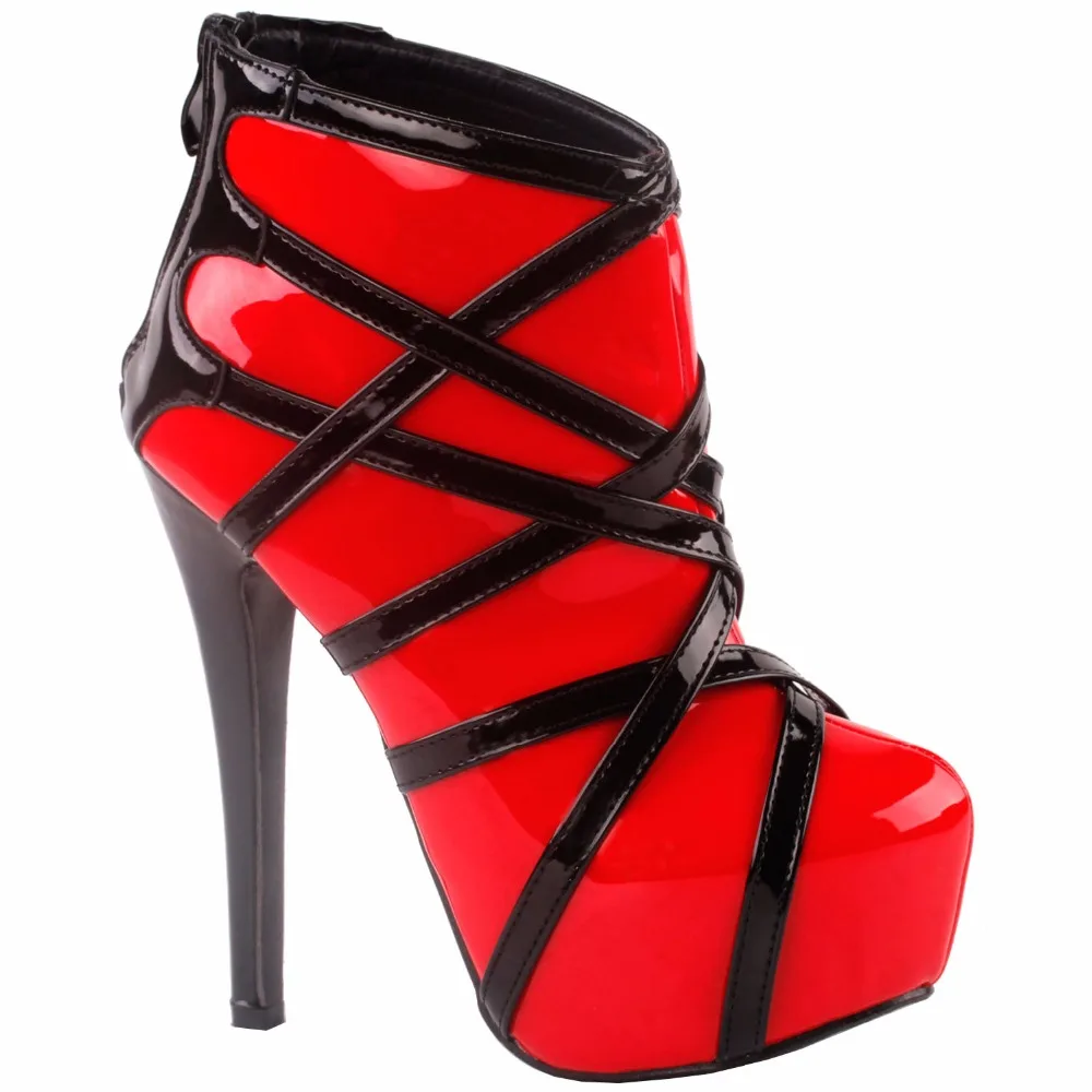 LF80858 Show Story Punk Red Black Strappy Platform Stiletto Ankle Bootie Boots