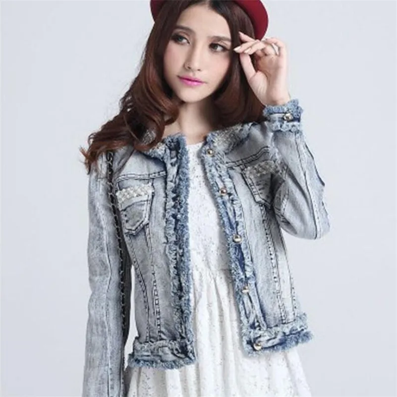 

2019 women new small fragrance beaded diamond denim jacket female short section slim wild jean jacket r1169