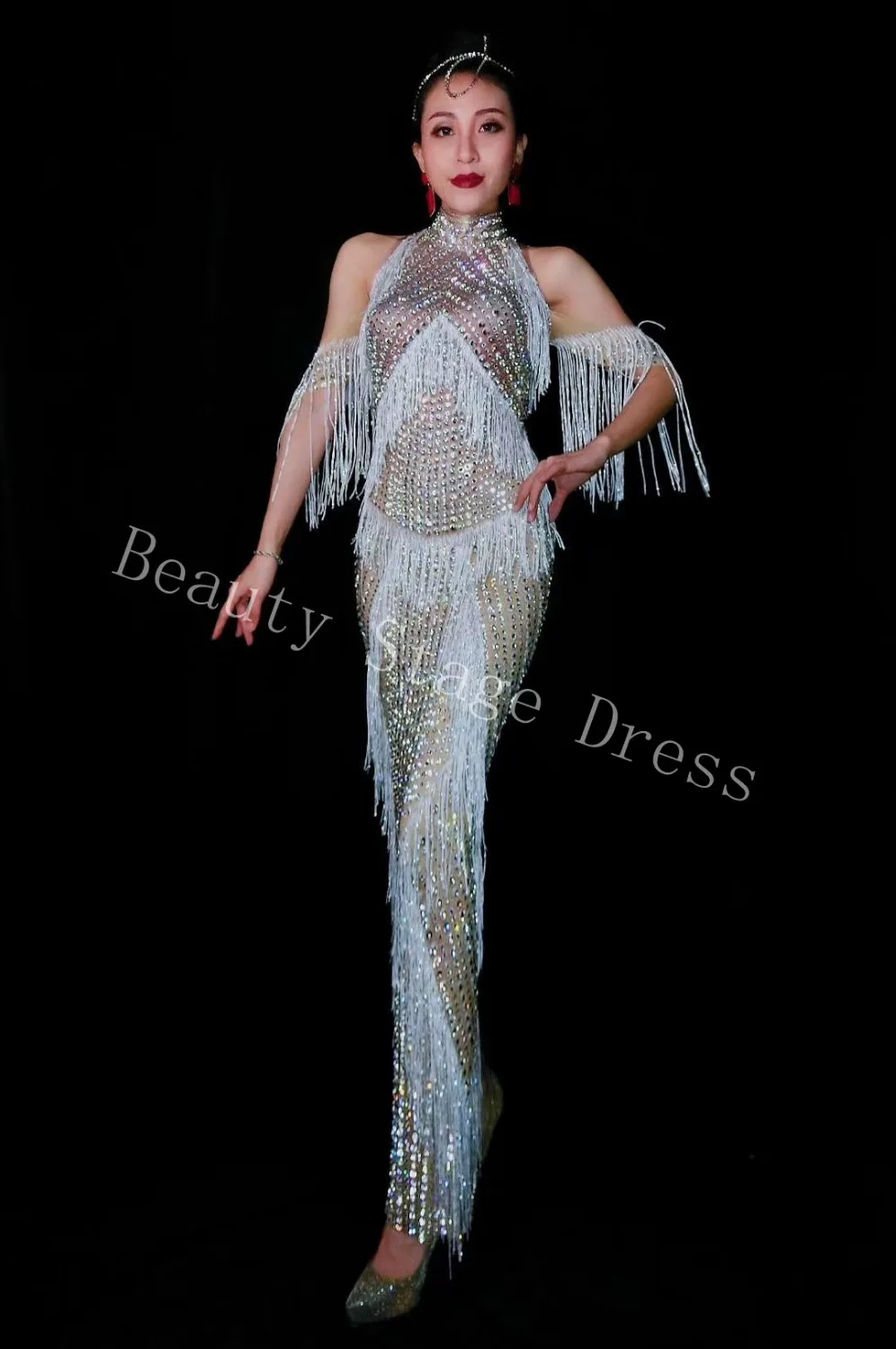 Newest Sparkly Stretch Design Perspective Long Dress Birthday Celebrate Dress Tassle Rhinestones Costume Evening Dance Dress