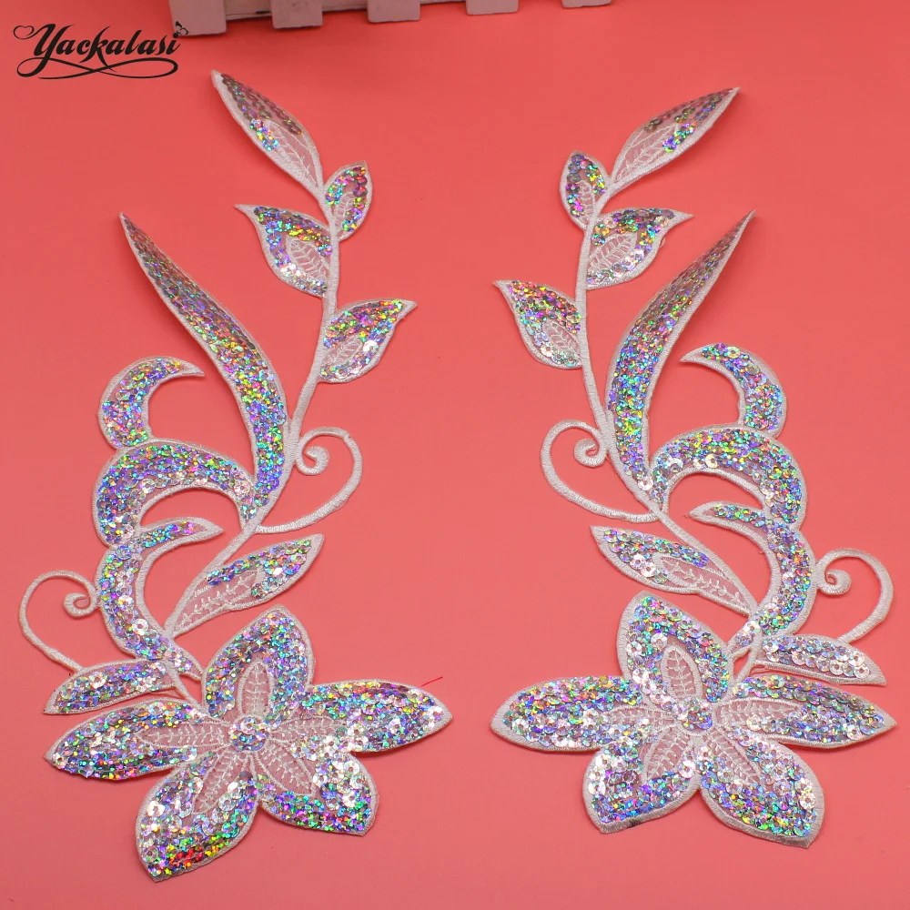 2 Pcs Iron On Patches Mirror Pair Flower Sequined Appliques Trims Hologram Diy Dance  Accessories 12.5*31cm