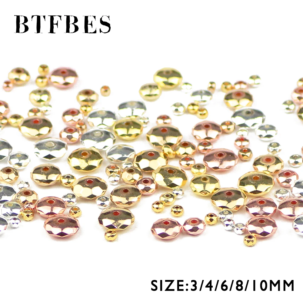 BTFBES Faceted Flat Round Hematite beads 3/4/6/8/10mm Gold Color Silver plated Loose Spacer Spacer Jewelry bracelets Making DIY