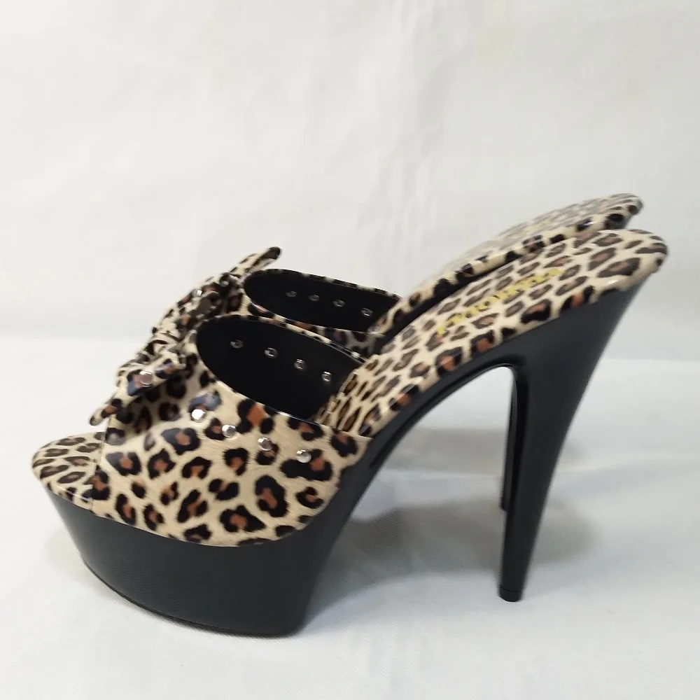 15cm high heels, bowknot decoration, banquet slippers on stage, leopard print PU materials, sexy slippers