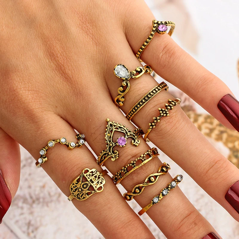 Tocona 10pcs/Set Vintage Antique Silver Color Hasma Hand Ring Set Flower Knuckle Midi Finger for Women Carving Rings Gifts 4225