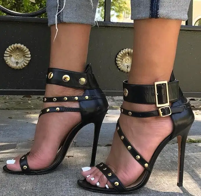 2017 Summer Hot Neon Leather Women Strappy Sandals Sexy Open Toe Stud Buckles Ladies Fashion High Heels Club Style Stiletto