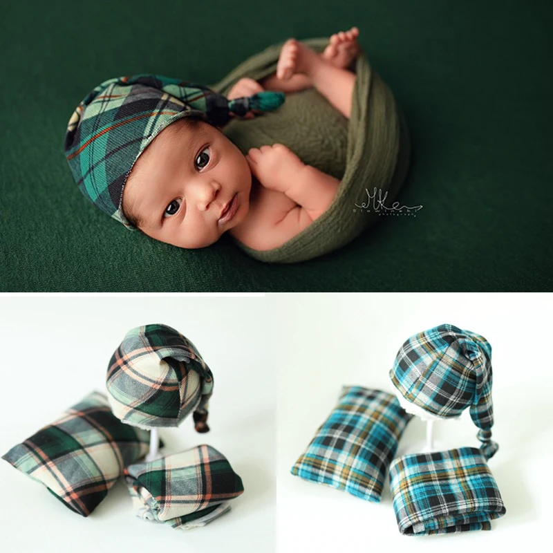 Newborn Photography Props Plaid Wraps Hats & Pillow Cute Soft Comfort Sets Fotografia Accessories Baby Boy Shooting Photo Studio