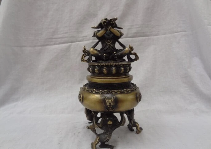 

song voge gem S4950 9" Tibet Pure Bronze Vajra Mahakala Buddha Statue Lion Man Incense Burner Censer