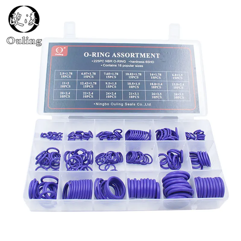 225Pcs 18Sizes O Rings Rubber O Ring Seal Purple NBR Oring Nitrile Washer Sealing O-Rings Assortment Kit O-Ring Set Gasket Box