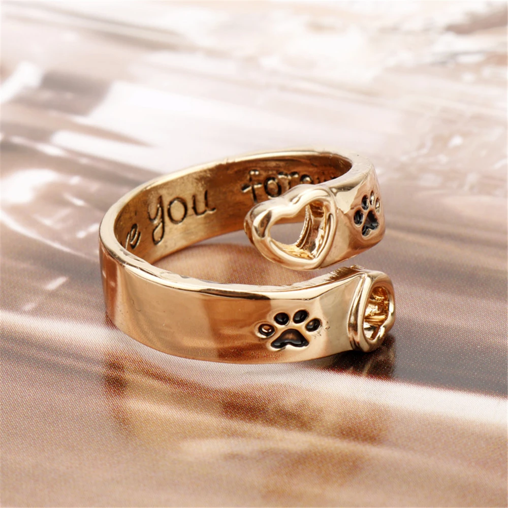 New Trendy I will love you Forever Cute Animal Pet Ring Dog Paw Hollow Love Heart Opening Ring For Women Pet Animal Claw Jewelry