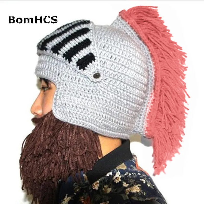 BomHCS Red Tassel Cosplay Roman Knight Knit Helmet Men\'s Caps Original Barbarian Handmade Winter Warm Beard Hats Funny Beanies