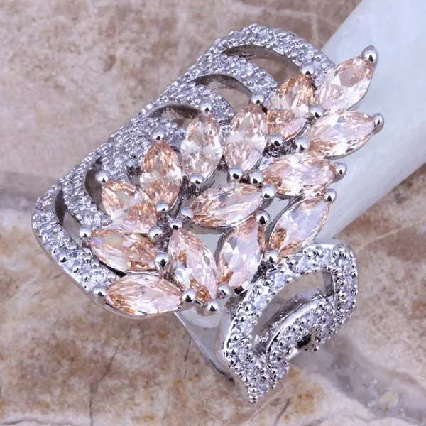 Brown Morganite White CZ Silver Plated  Ring Size 6 / 7 / 8 / 9 / 10 Free S0188