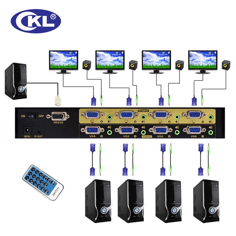 CKL-444R Hoge-end VGA Switch Splitter Box met audio 4 in 4 uit 2048*1536 450 MHz voor PC Monitor wih IR Afstandsbediening RS232 Controle