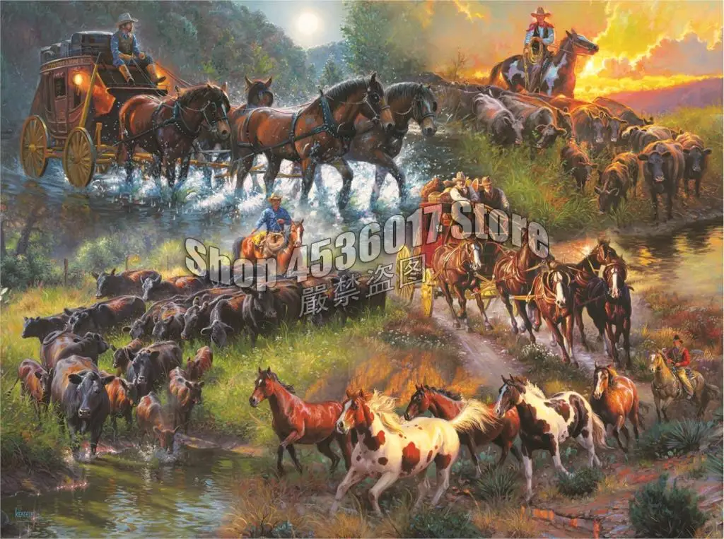 Diamond Mosaic DIY Diamond Painting Cross Stitch Wagon Trails Horses Vintage Home Decor Picture Of Rhinestone Full Handmade Gift