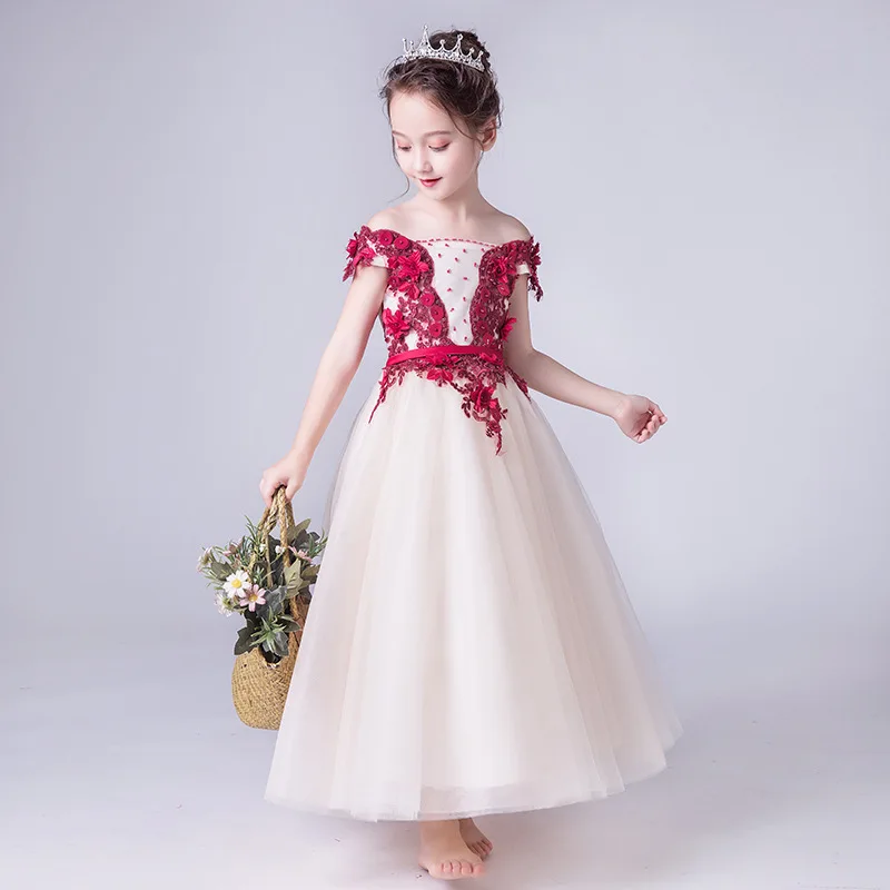 

Fashion Red Beading Appliqued Long Flower Girl Dresses Lace First Communion Dresses Girls Pageant Dress Kids Prom Dress