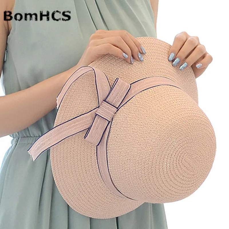 BomHCS Koren Women Summer Beach Straw Hat Travel Caps Bucket Hat Ribbon Style 17F-311MZ1