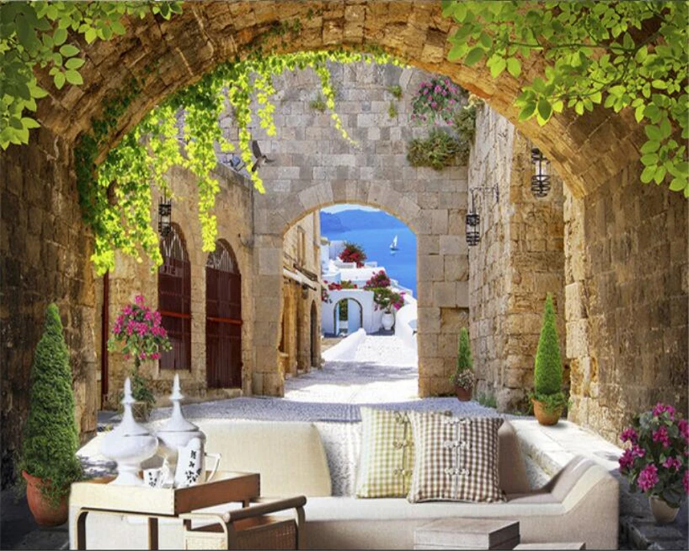 Modern Living Room Bedroom Wall 3d Wallpaper European 3d Arch Seascape Street Green Leaf Custom Photo wallpaper mural
