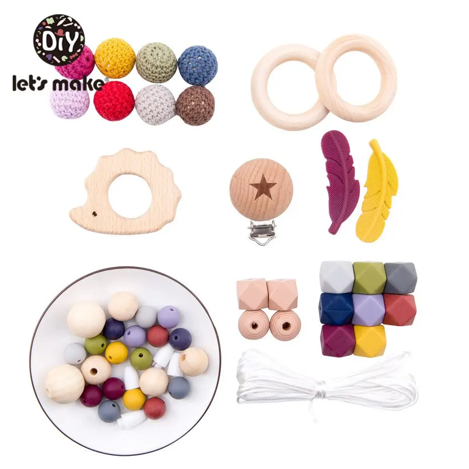 Let'S Make 1Set Engraved Pacifier Clip Baby Teething  Silicone Beads Bpa Free Suit Crochet Wooden Beads Diy To Baby Teether Toys