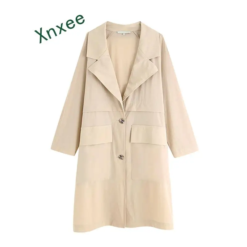 

Xnxee Vintage Elegant Solid Pockets Long Trench Coat Women Fashion Lapel Collar Long Sleeve Chic Outerwear