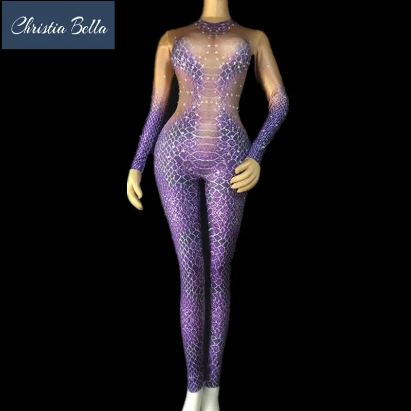 

Female Singer Dancer Sexy Leggings Costume One-piece Bodysuit Nightclub Oufit Party Wear Outfit Purple Sneck Printed Jumpsuit