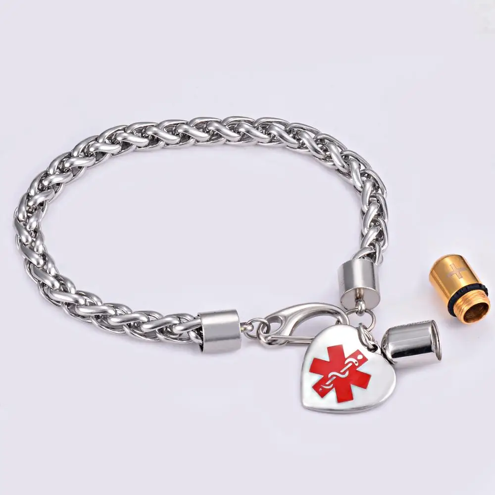 Waterproof Personalized Medical ID Alert  Men Stainless Steel ID Tags Bracelet Pill Cylinder Holder  TYPE 1 Diabetes Disease