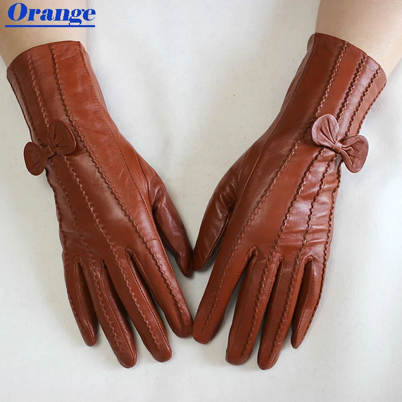 Sheepskin Gloves Women\'s Mid-Length Striped Style Velvet Lining Autumn and Winter Warmth Ladies Brown Leather Finger Gloves