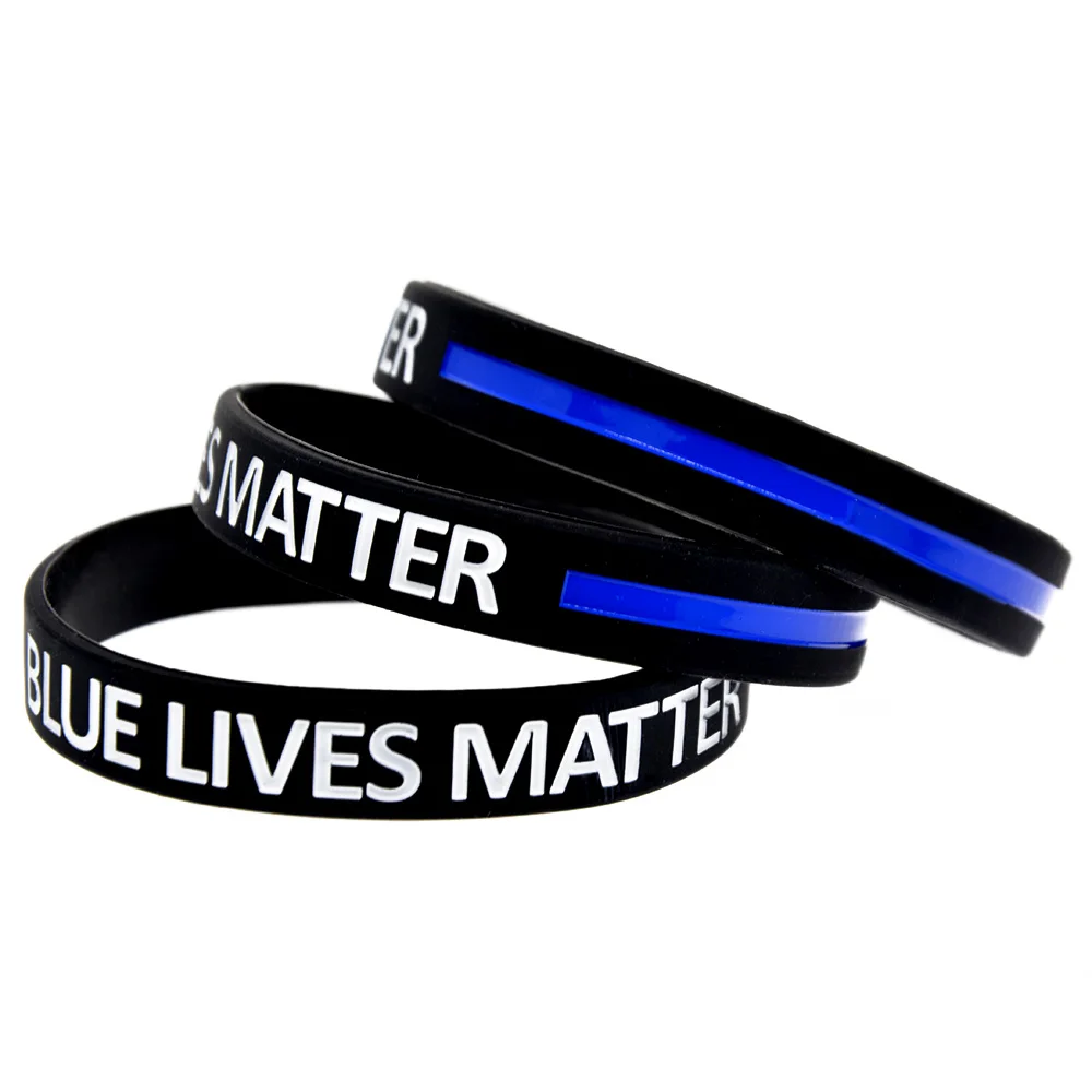 50 Pcs Blue Lives Matter Silicone Rubber Wristband Debossed Blue Line Logo Sports Bracelet Black Adult Size