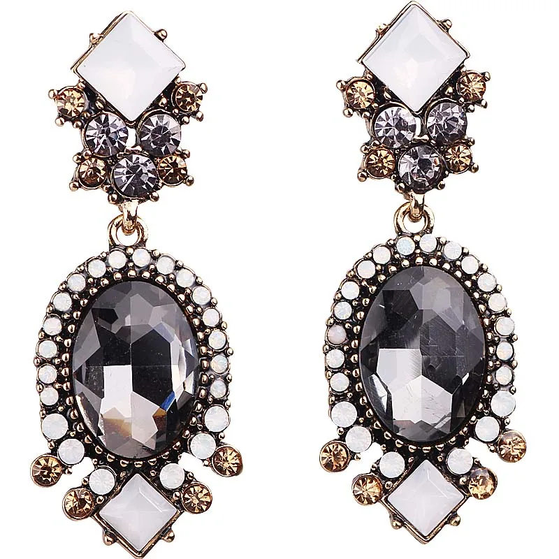 Gray Glass Rhinestone Long Gold Color Earring Women fashion earrings New arrival metal with gems stud for women girls E957