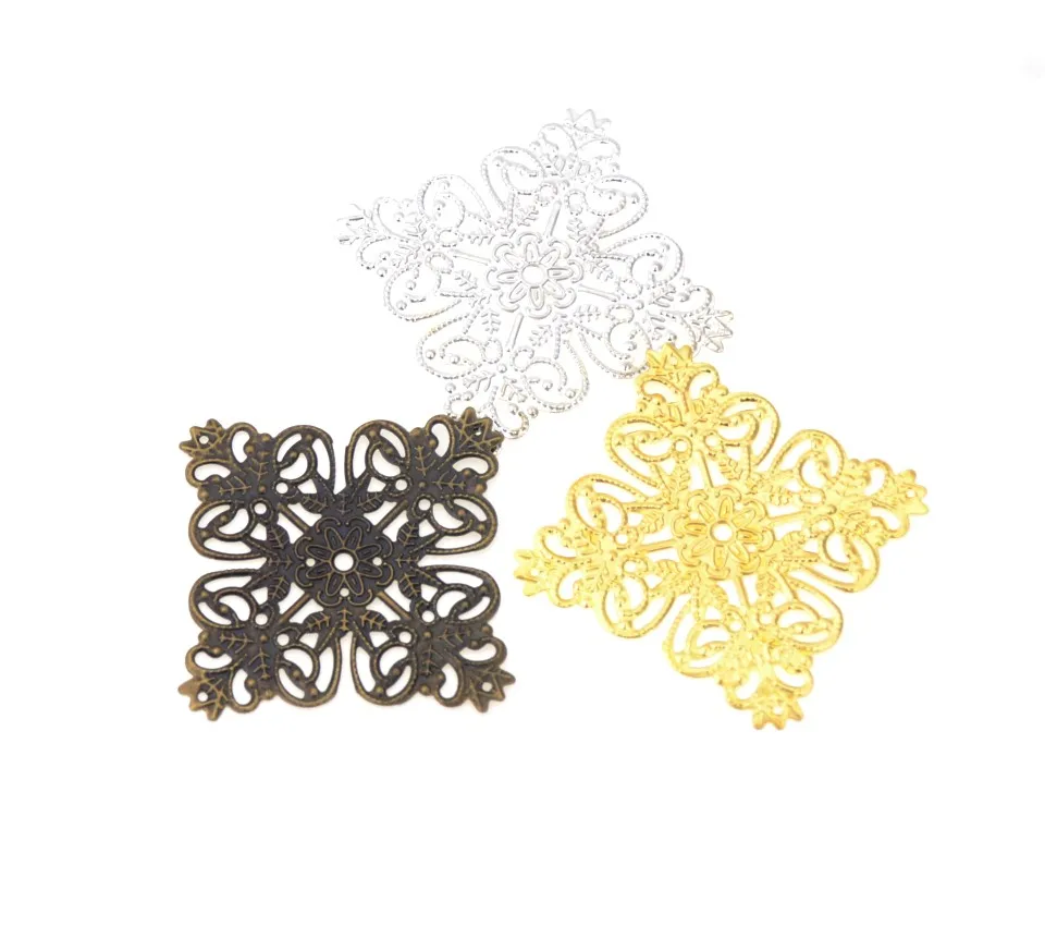 Free shipping 10Pcs Bronze/Silver/Gold Metal Square Flower Filigree Wraps Connectors Metal Craft Decoration DIY Findings 56*56mm