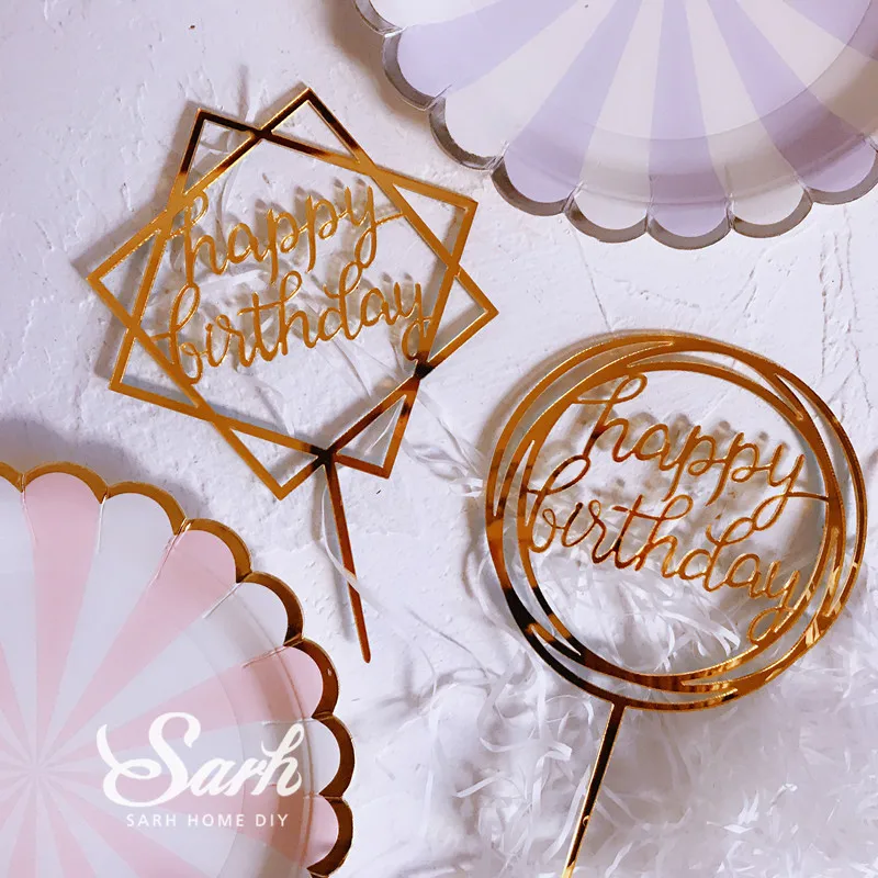 1 Pcs Acrylic Letter Happy Birthday Geometry Round Square Cake Topper For Dessert Lovely Gifts Party Decoration Supply