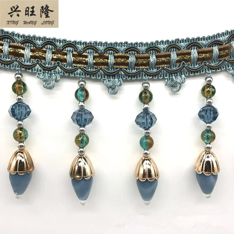 XWL New 12M/Lot 12cm Wide Jade Crystal Beads Curtain Lace Accessories DIY Lamp Sofa Stage Decor Lace Trim Tassel Fringes Ribbon