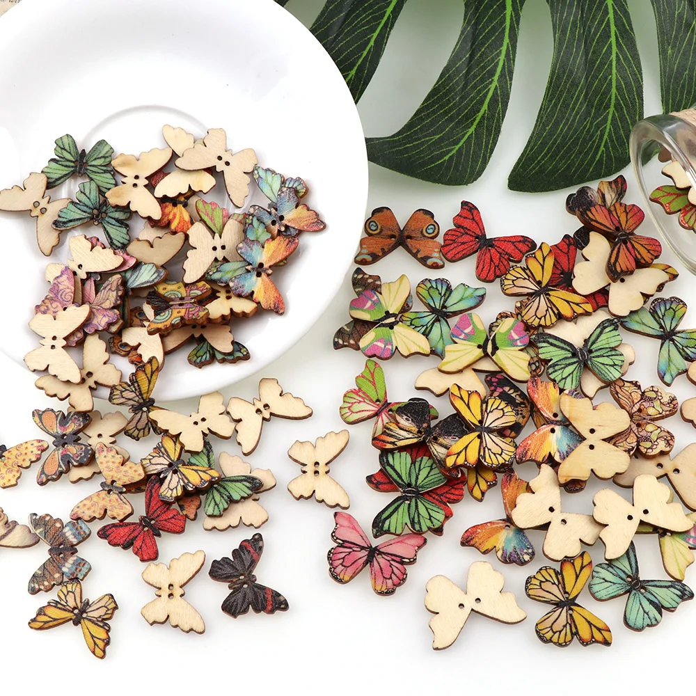 50Pcs/set Colorful Butterfly Wooden Buttons Fit Sewing And Scrapbook Sewing 2 Holes Buttons For Craft DIY Mixed Accessories