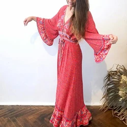 TEELYNN sukienka BOHO 2019 czerwony rayon kwiatowy print letnie sukienki sexy dekolt w serek z regulowany pasek Gypsy maxi kobiety sukienki vestidos