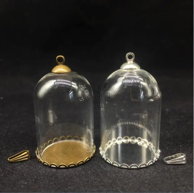 

100sets 25x38mm transparent bell jars shape glass globe lace tray cap set glass vial pendant handmade empty crystal findings