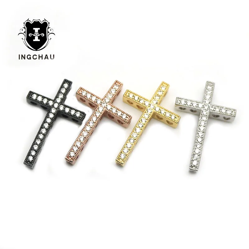 Jewelry Material Gold-Color CZ Brass Metal Micro Pave Cubic Zirconia Jesus Cross Beads For Jewelry Making Accessories BC-1