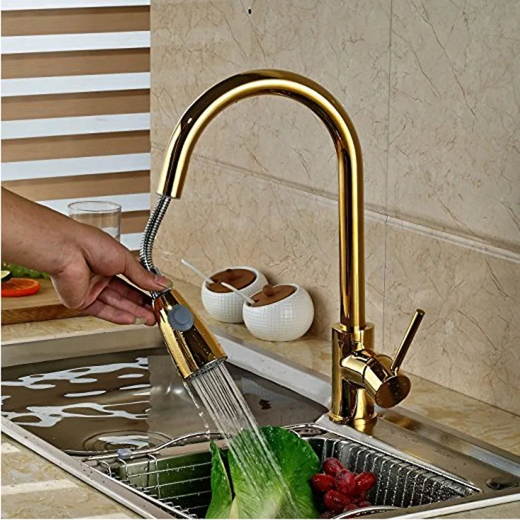 Gold Brass Singel Lever High Arc Pull Down Kitchen Faucet with Retractable Pull Out spray head, Swivel Spout