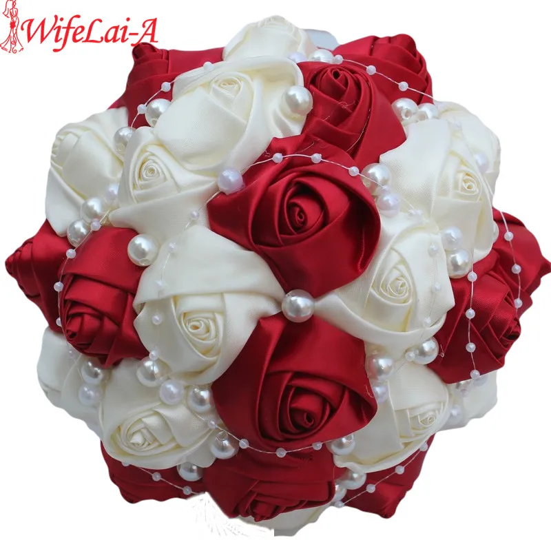 Best Selling New Marriage Ivory Burgundy Bridal Bouquet Diamond Pearl Brooch Wedding Bouquets Pearl Bride Flower Bouquet W262