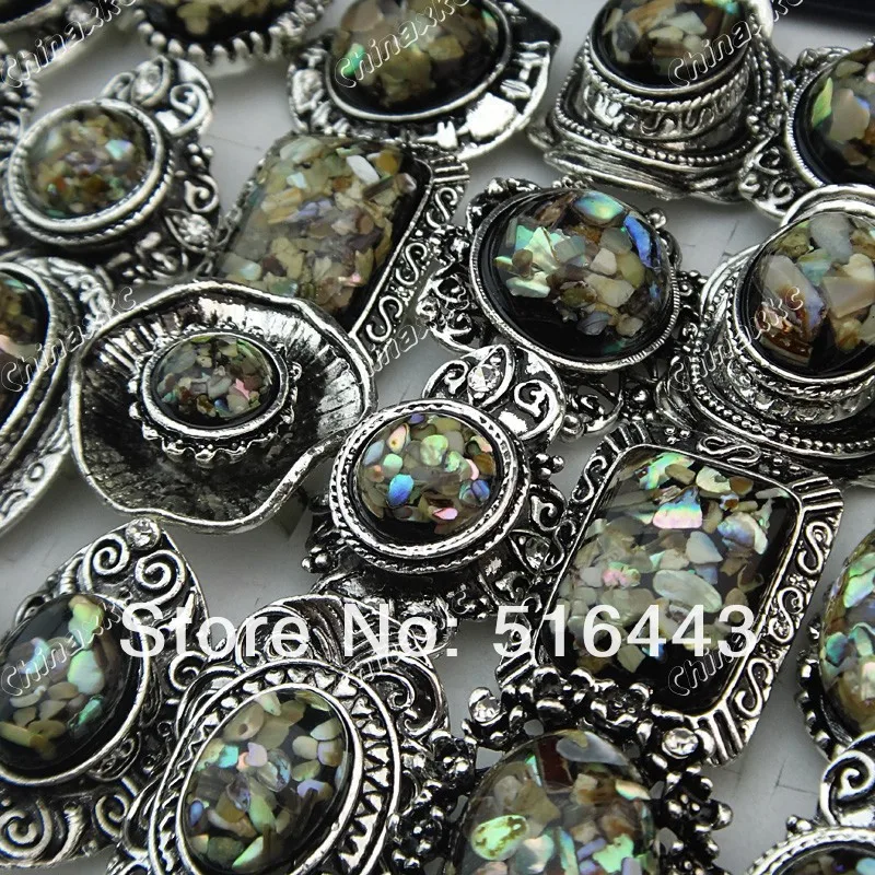 

A-630 20pcs Czech Rhinestones Antique Silver Plated Women Mens Natural Shell Rings Wholesale Jewelry Lots Free Shipping