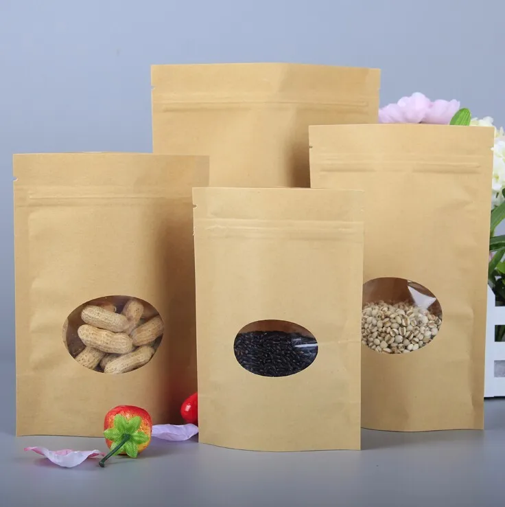 

Zip Lock Kraft Paper Bags With Round Window Food Cookie Packaging Zipper Sealing Bags 200pcs/lot Free shipping