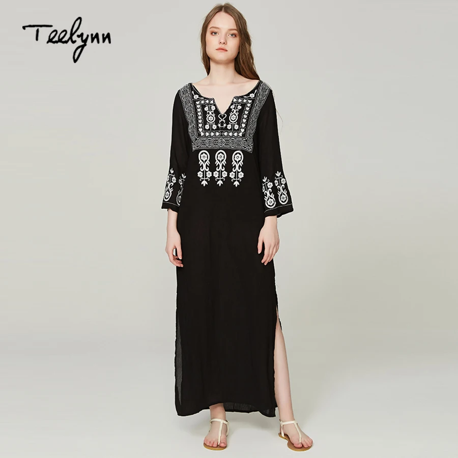 

Женское длинное платье-хиппи TEELYNN boho, длинное платье в этническом стиле с цветочной вышивкой и v-образным вырезом, 2018