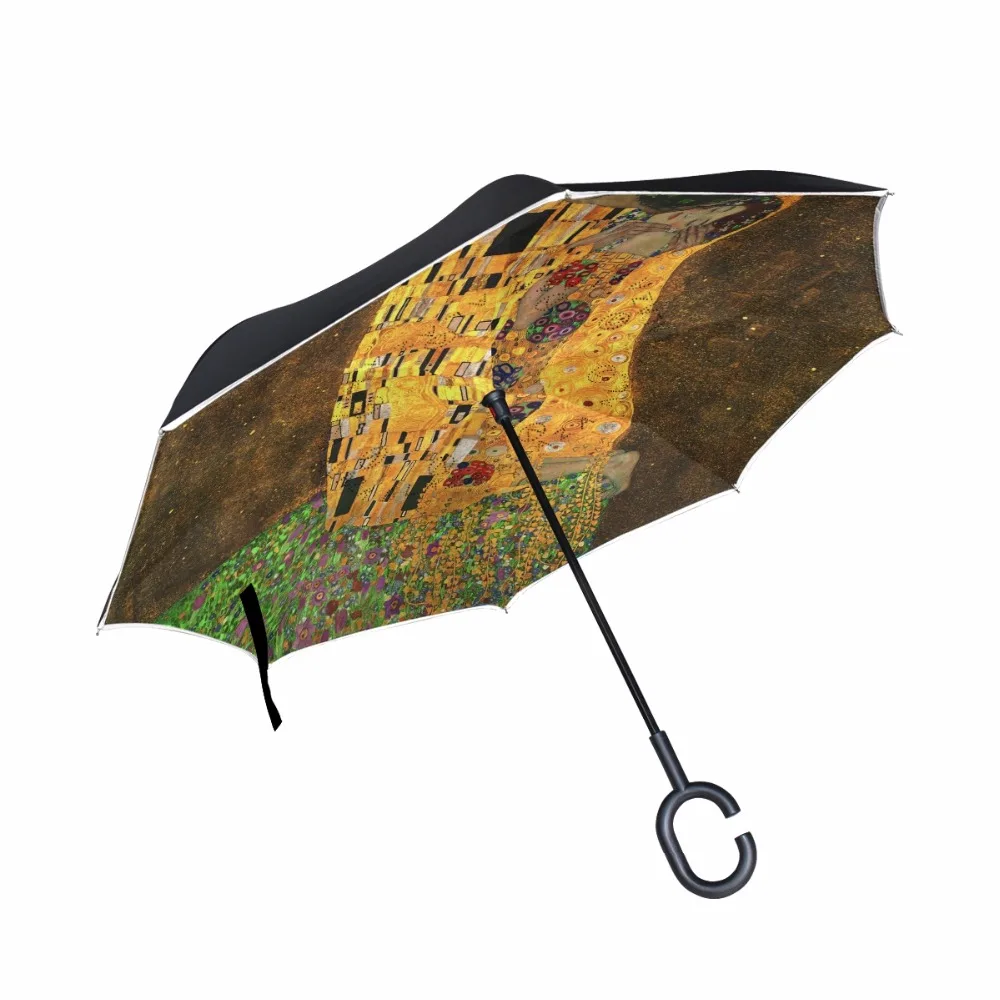 Gustav Klimt The Kiss Oil Painting Reverse Umbrella Straight Male and Female Sunny Umbrellas can Stand Long Handle Business Car