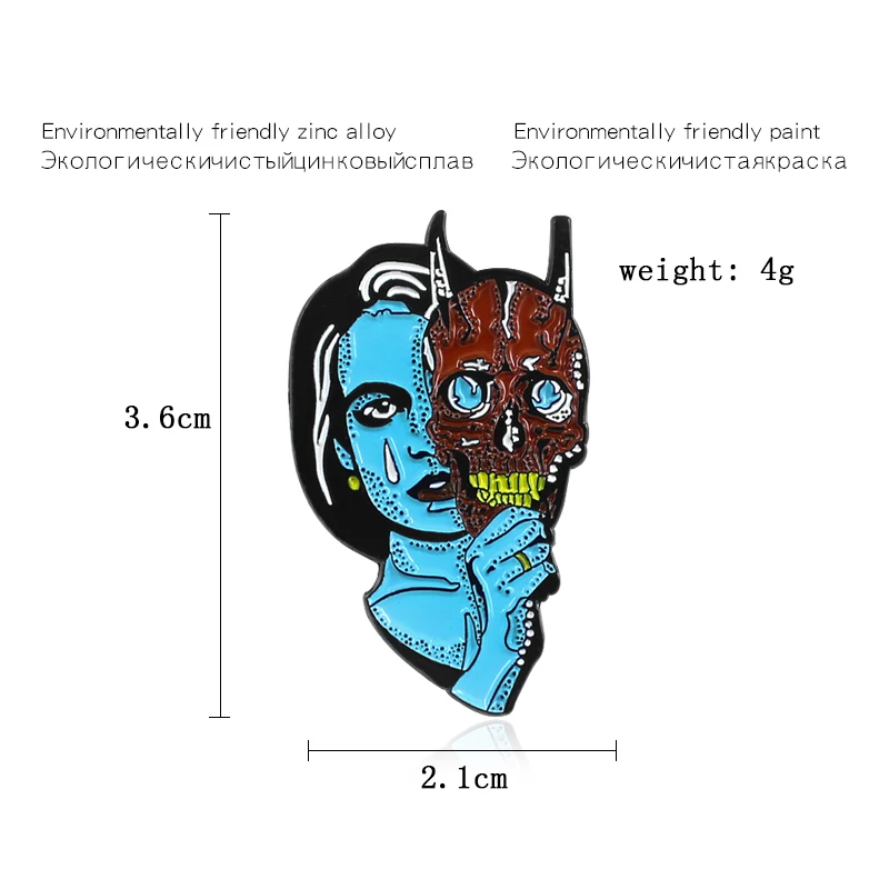 Two Faces Enamel Pin Double Head Sad Woman Blue Face Terror Devil Skeleton Mask Brooch Leather Backpack Badge Halloween Gifts