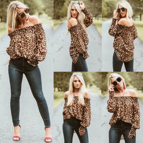 Women Tops Blouses 2019 Autumn Elegant Long Sleeve Leopard Print Off Shoulder Blouse Female Ladies Shirts Blouse