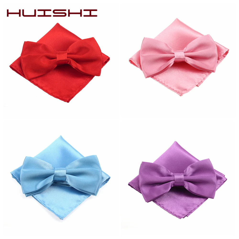 HUISHI Classic Mint Green Blue Black White Gentleman Red Bow Tie Pocket Square Fashion Solid Color Bowtie For Wedding Party Men