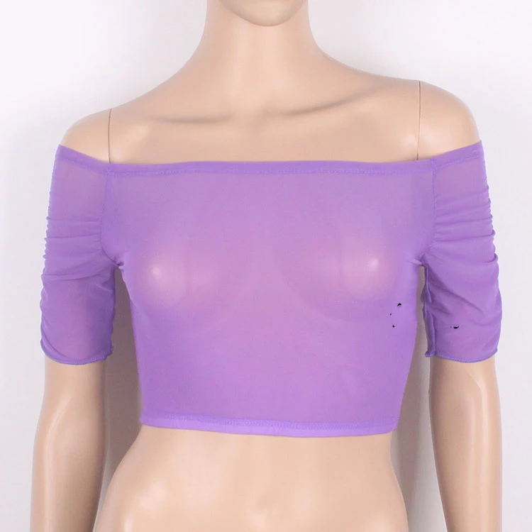 Purple See Through Mesh Sexy Off Shoulder Short T-shirt Belly Dance Bottom Wear Puff Sleeve Sexy Nightclubs Bodysuit FX22