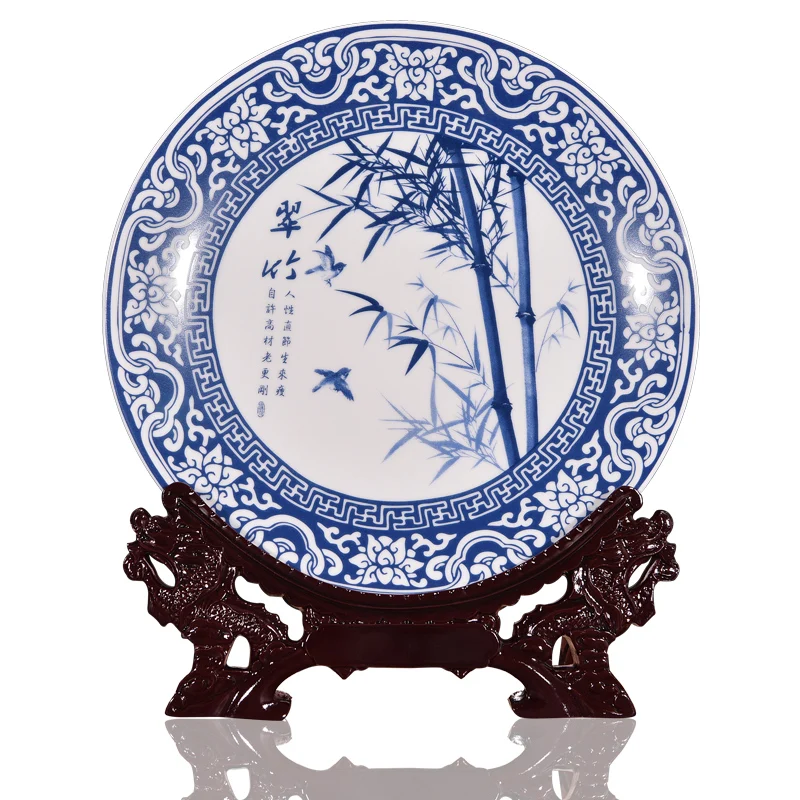 New Design Art Ceramic Ornamental Plate Blue And White Bamboo Orchid Decoration Plate Wood Base Porcelain Plate Set Wedding Gift