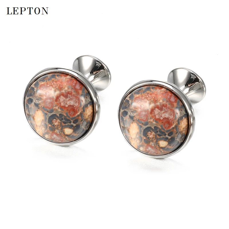 Low-key Luxury Leopard stone Cufflinks for Mens Gold Color Plated Lepton High Quality Round Stone Cuff links Relojes gemelos